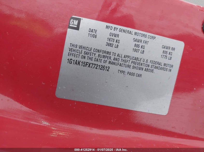 2007 CHEVROLET COBALT VIN: 1G1AK15FX77212612