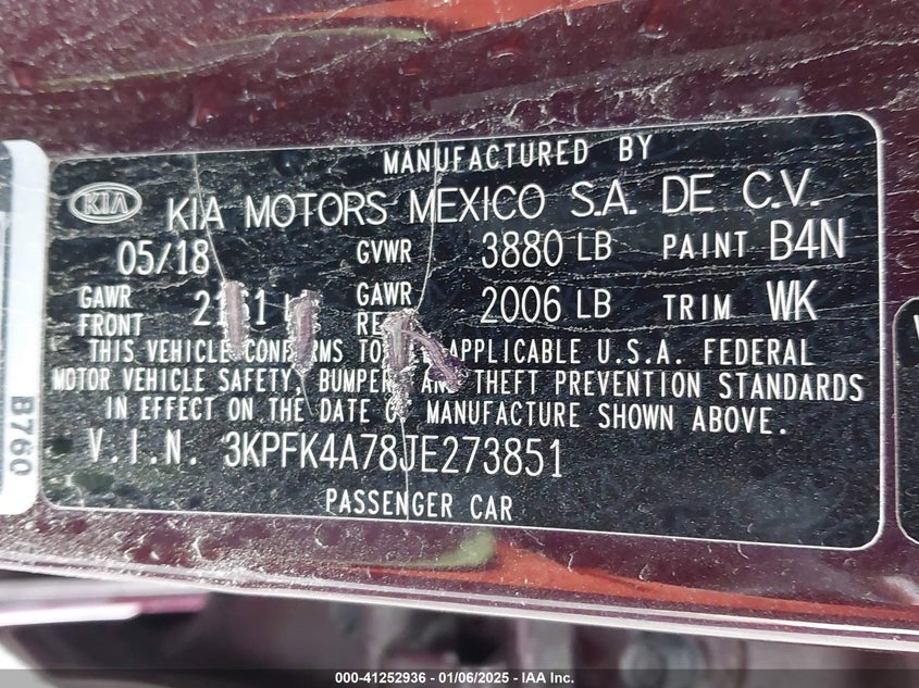 2018 KIA FORTE VIN: 3KPFK4A78JE273851