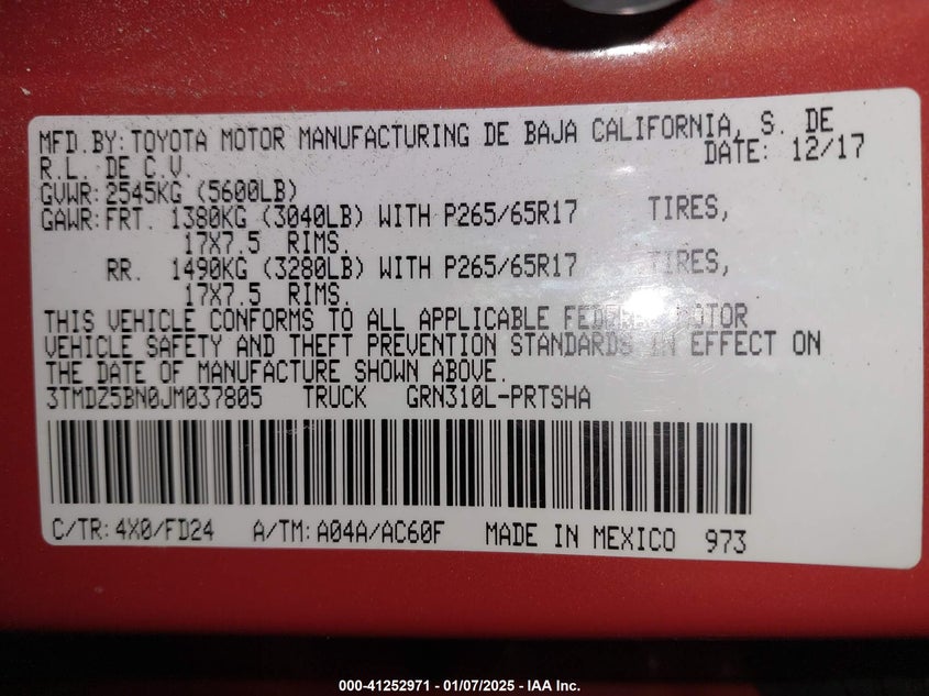 VIN 3TMDZ5BN0JM037805 2018 TOYOTA TACOMA TRD SPORT