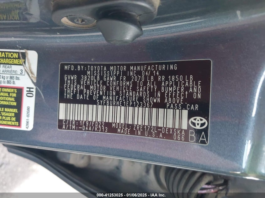 2014 TOYOTA COROLLA VIN: 5YFBURHE1EP123367