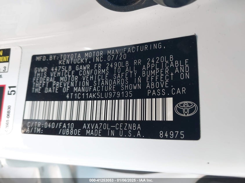 2020 TOYOTA CAMRY VIN: 4T1C11AK5LU979135