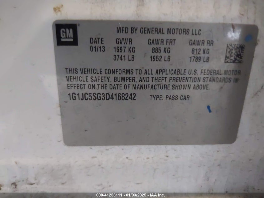 2013 CHEVROLET SONIC VIN: 1G1JC5SG3D4168242