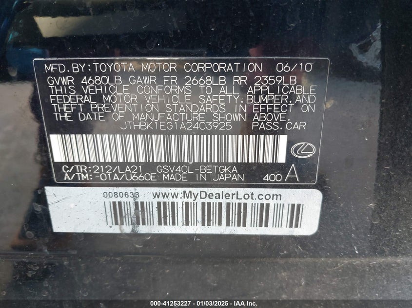 2010 LEXUS ES 350 VIN: JTHBK1EG1A2403925