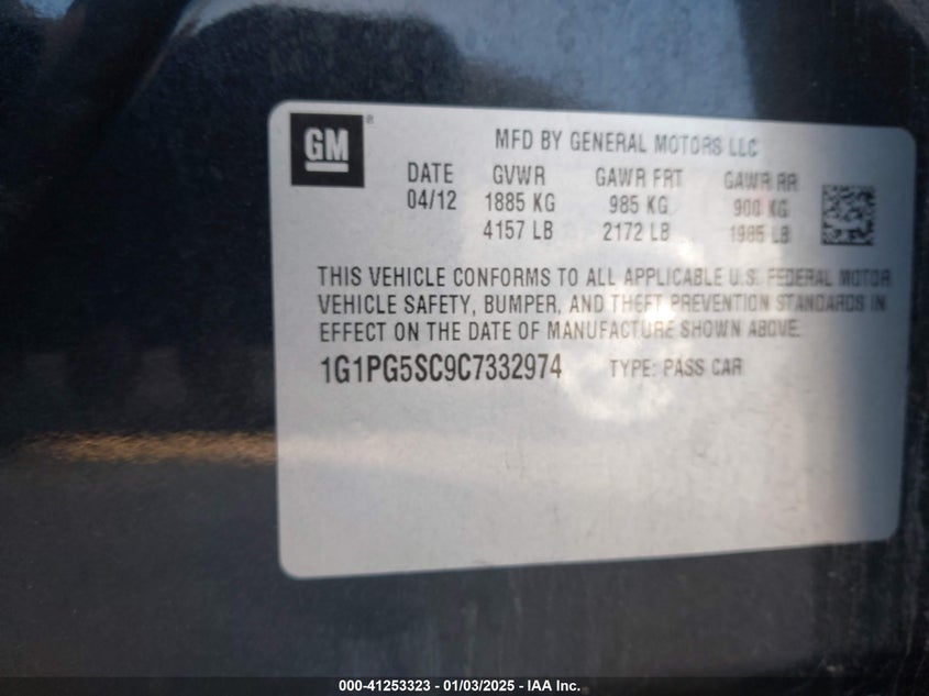 2012 CHEVROLET CRUZE VIN: 1G1PG5SC9C7332974