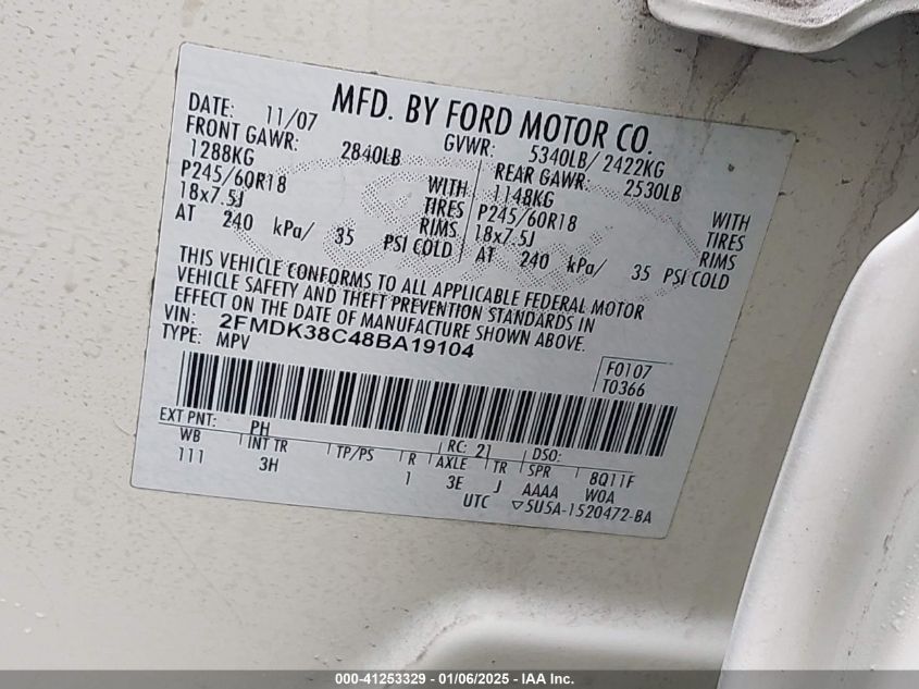 2008 Ford Edge Sel VIN: 2FMDK38C488A19104 Lot: 41253329