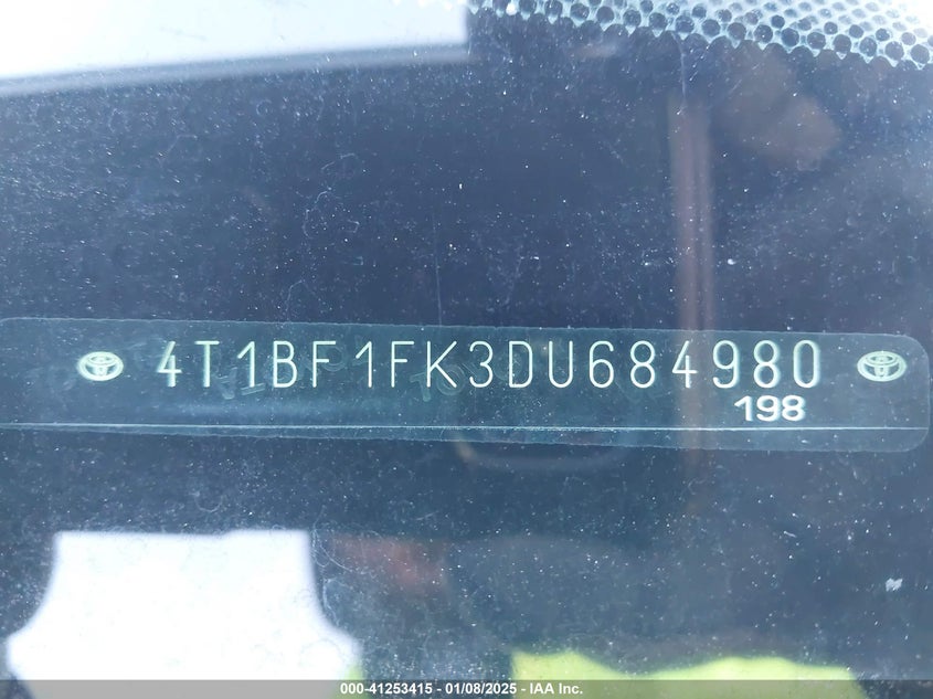 2013 TOYOTA CAMRY VIN: 4T1BF1FK3DU684980