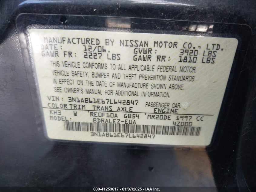 2007 NISSAN SENTRA VIN: 3N1AB61E67L642847