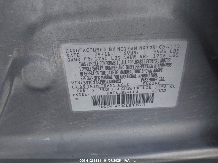 VIN 3N1CN7AP0GL890423 2016 NISSAN VERSA no.9