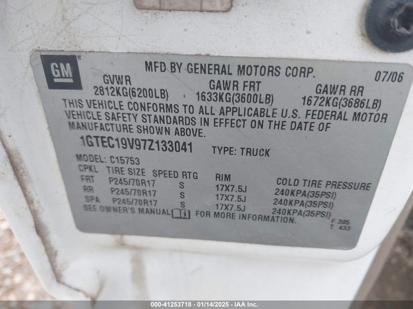 2007 GMC NEW SIERRA VIN: 1GTEC19V97Z133041