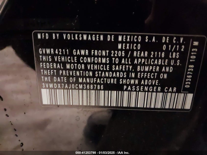 2012 VOLKSWAGEN JETTA VIN: 3VWDX7AJ0CM368786