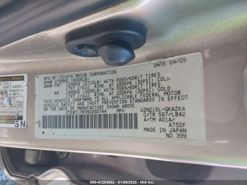 2005 Toyota 4Runner Limited V8 VIN: JTEBT17R350050744 Lot: 41253852