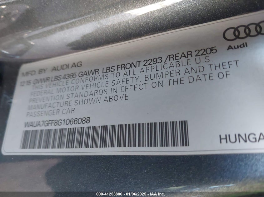 2016 AUDI A3 VIN: WAUA7GFF8G1066088
