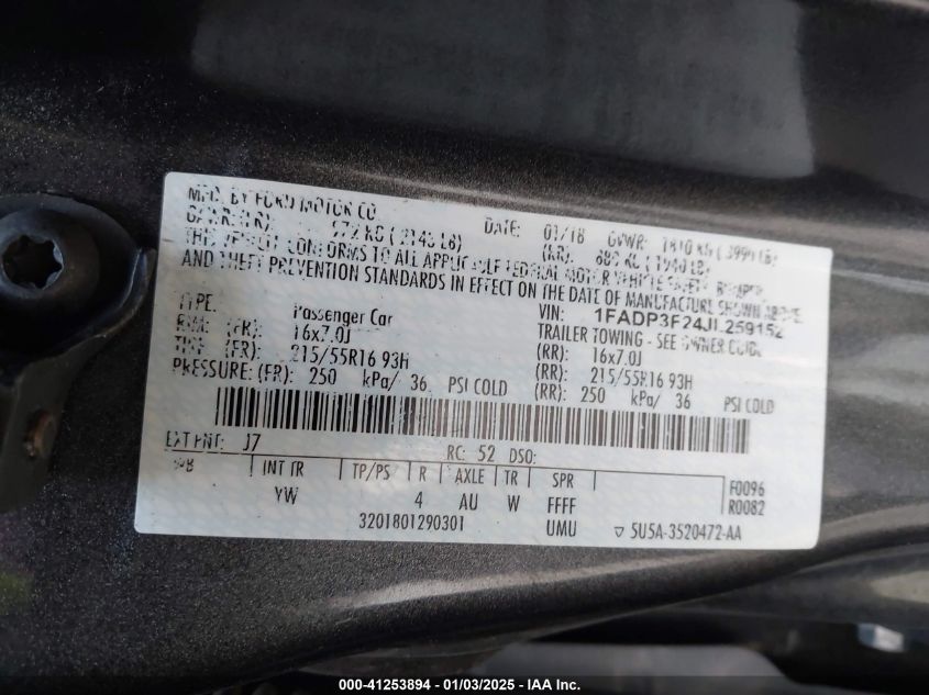 VIN 1FADP3F24JL259152 2018 Ford Focus, SE no.9