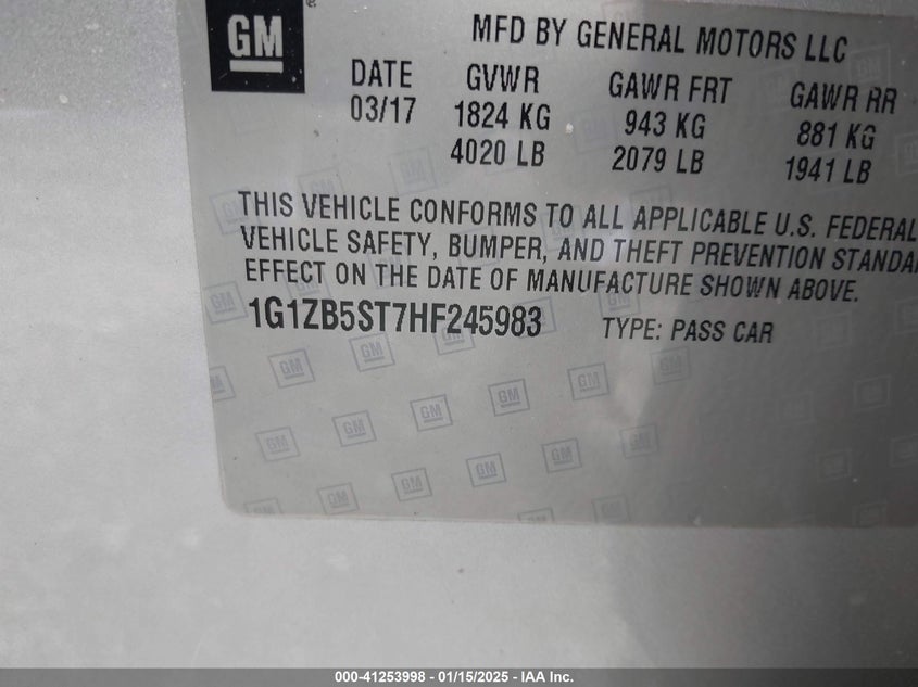 2017 CHEV MALIBU LS VIN: 1G1ZB5ST7HF245983