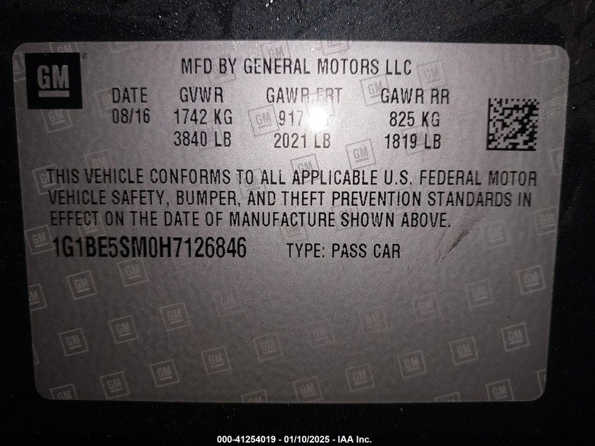2017 CHEVROLET CRUZE VIN: 1G1BE5SM0H7126846