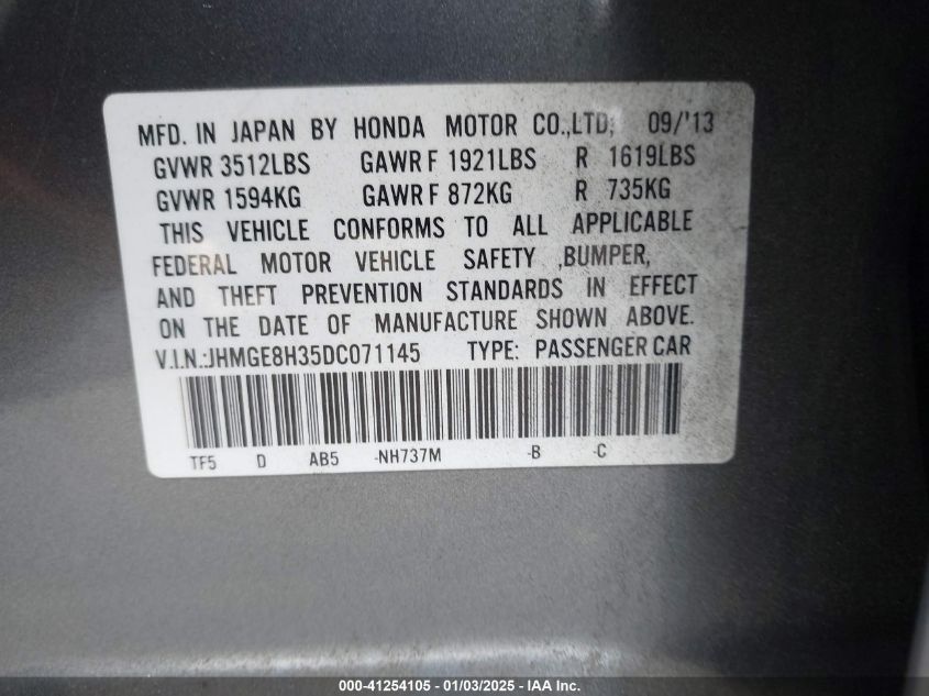 VIN JHMGE8H35DC071145 2013 HONDA FIT no.9