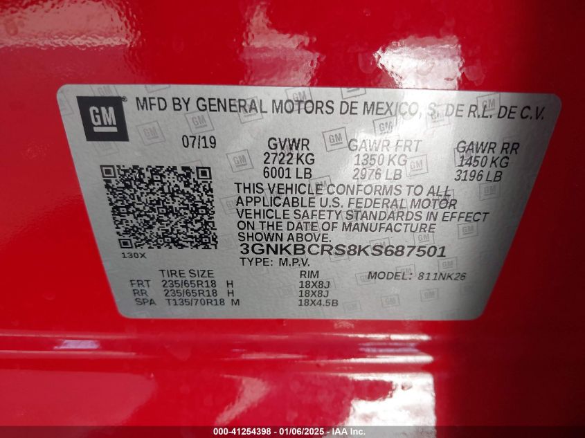 2019 Chevrolet Blazer VIN: 3GNKBCRS8KS687501 Lot: 41254398