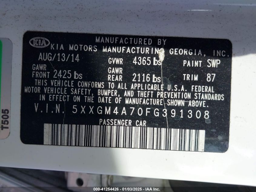 VIN 5XXGM4A70FG391308 2015 KIA Optima, LX no.9