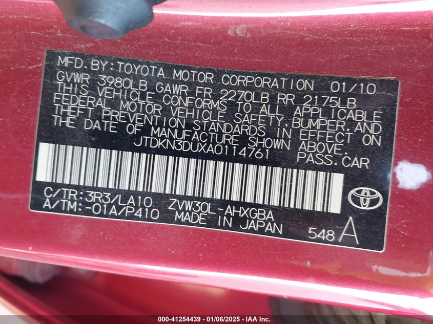 2010 TOYOTA PRIUS VIN: JTDKN3DUXA0114761
