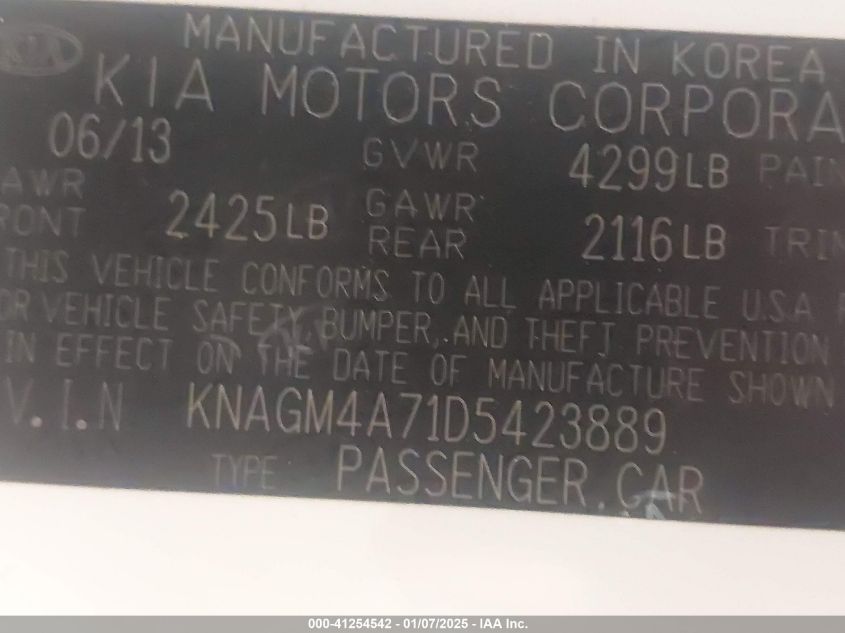 VIN KNAGM4A71D5423889 2013 KIA Optima, LX no.9