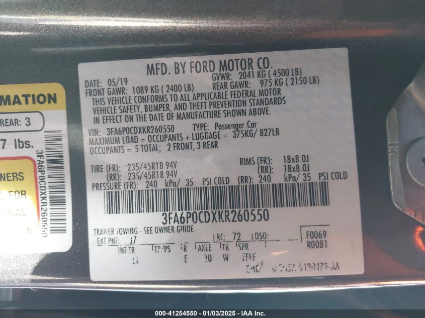 VIN 3FA6P0CDXKR260550 2019 FORD FUSION no.9