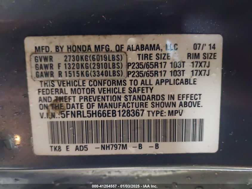 VIN 5FNRL5H66EB128367 2014 Honda Odyssey, Ex-L no.9