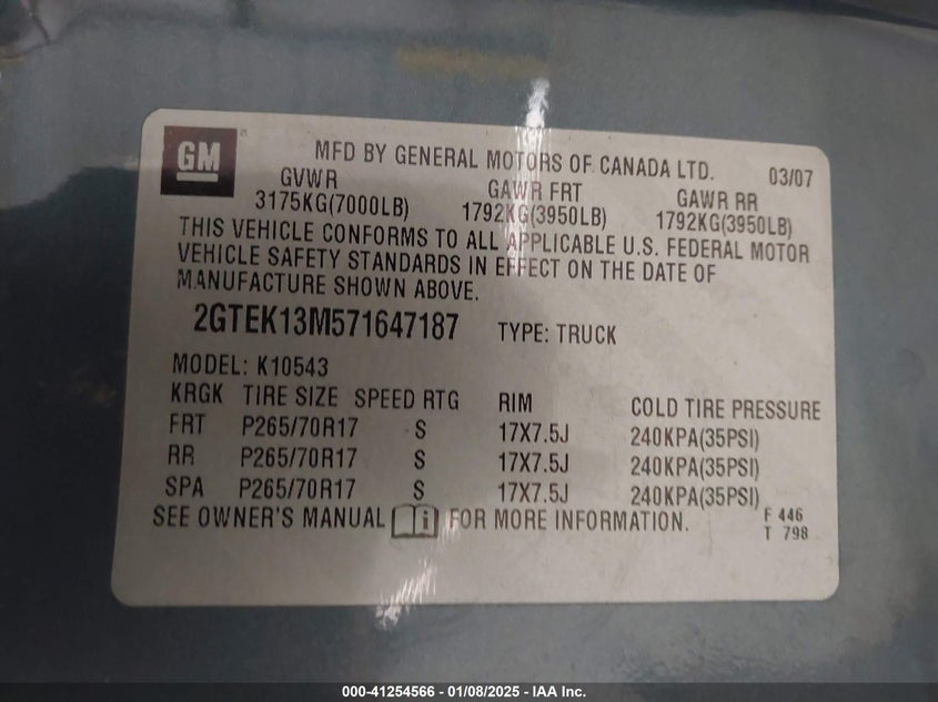 2007 GMC SIERRA 1500 VIN: 2GTEK13M571647187