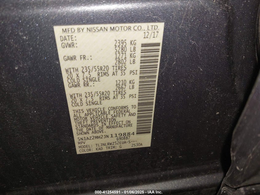 2018 NISSAN MURANO VIN: 5N1AZ2MH2JN119884