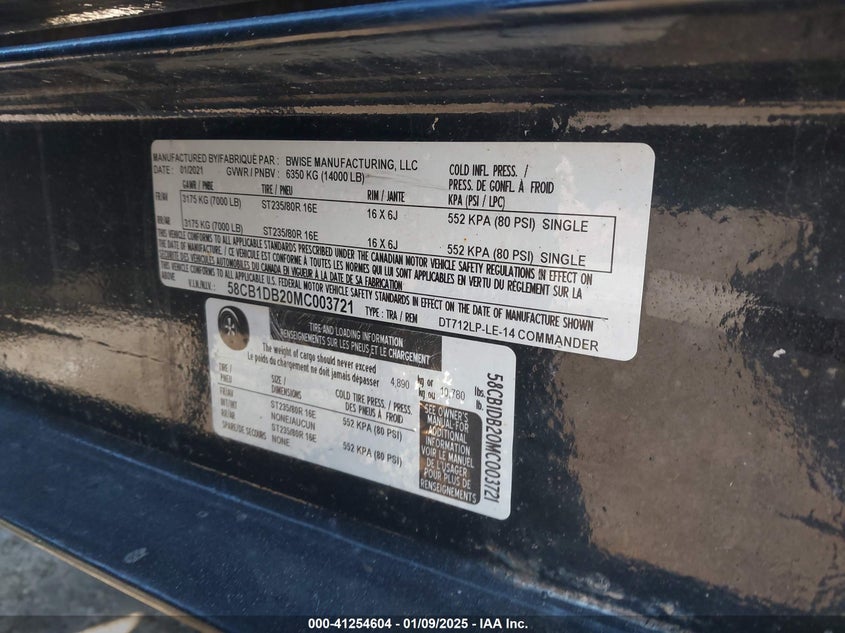 2021 BWISE BUMPER PULL DUMP TRAILER(VIN: 58CB1DB20MC003721