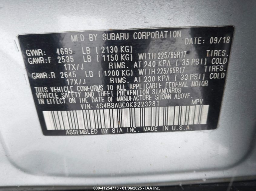 VIN 4S4BSABC0K3223281 2019 SUBARU OUTBACK no.9