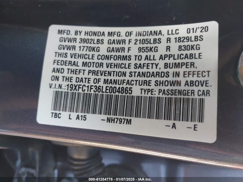 VIN 19XFC1F36LE004865 2020 Honda Civic, EX no.9