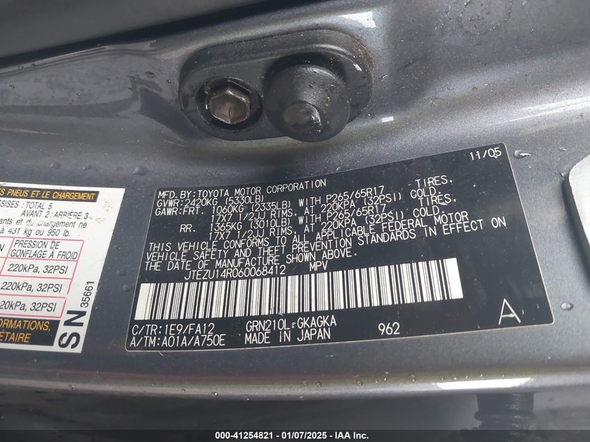 2006 TOYOTA 4RUNNER VIN: JTEZU14R060068412