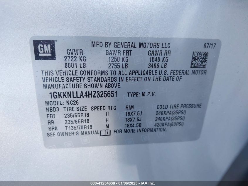 VIN 1GKKNLLA4HZ325651 2017 GMC Acadia, Sle-2 no.9