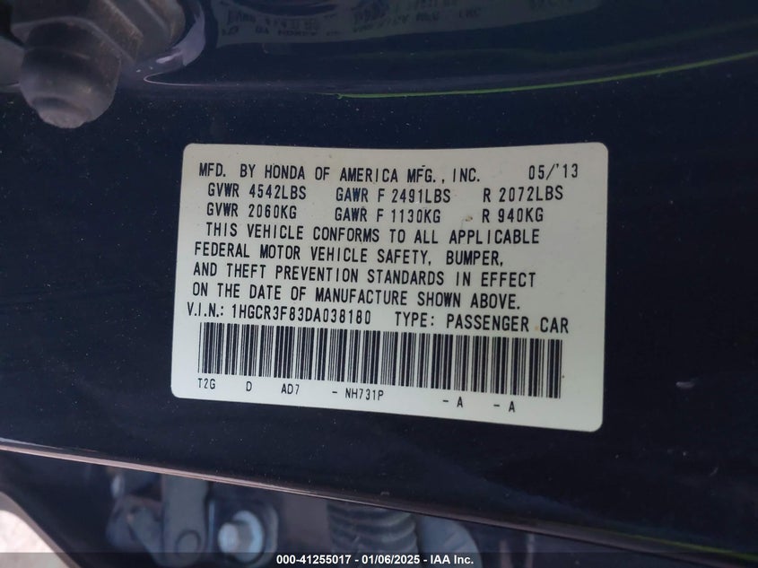 2013 HONDA ACCORD VIN: 1HGCR3F83DA038180