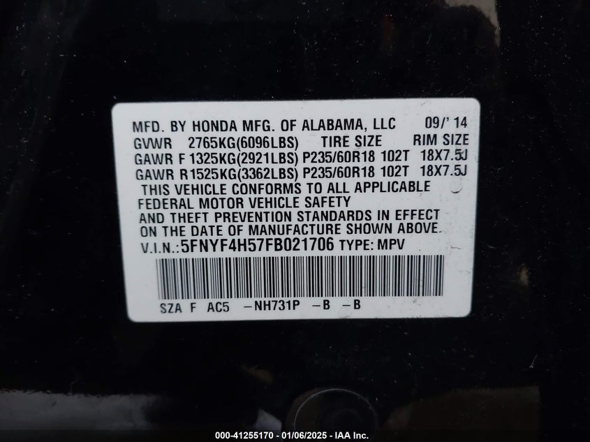 2015 HONDA PILOT VIN: 5FNYF4H57FB021706