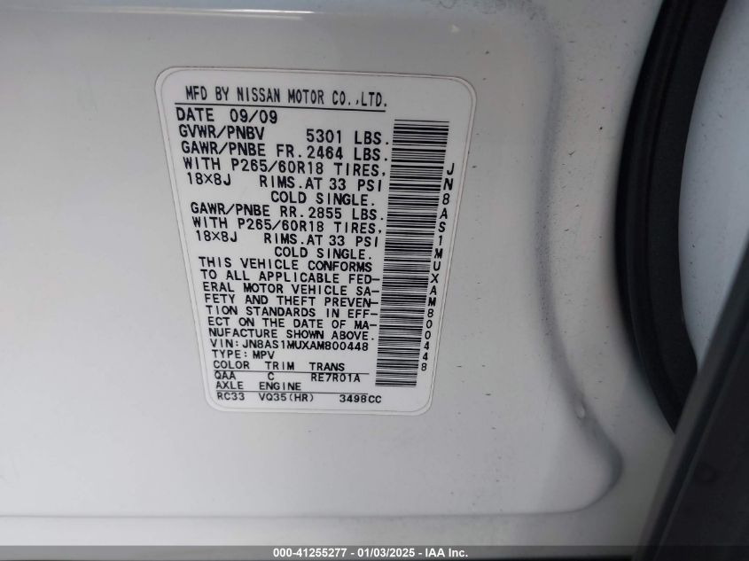 2010 Infiniti Fx35 VIN: JN8AS1MUXAM800448 Lot: 41255277