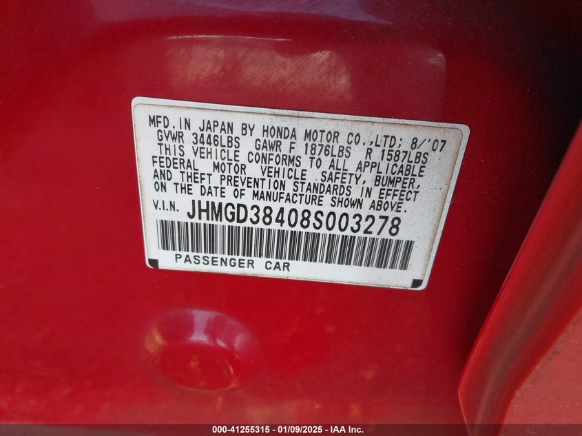 2008 HONDA FIT VIN: JHMGD38408S003278