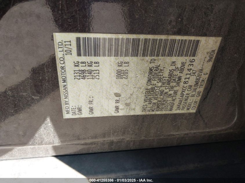 2012 Nissan Maxima 3.5 S VIN: 1N4AA5APXCC811436 Lot: 41255386