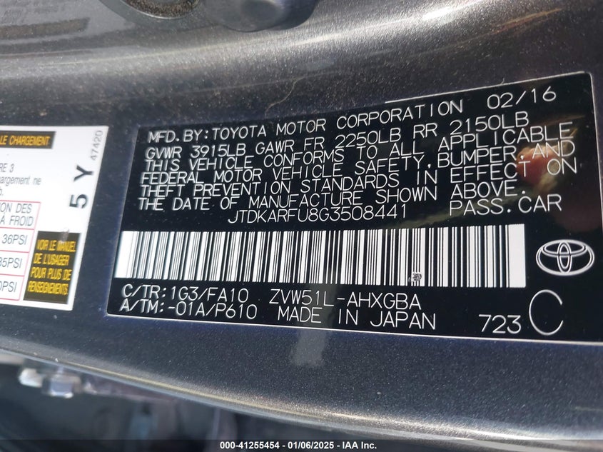 2016 TOYOTA PRIUS VIN: JTDKARFU8G3508441