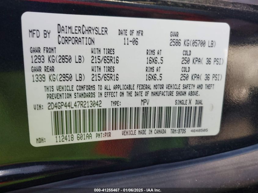 2007 Dodge Grand Caravan Sxt VIN: 2D4GP44L47R213042 Lot: 41255467