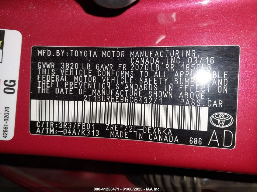 2016 Toyota Corolla Le VIN: 2T1BURHE9GC643271 Lot: 41255471