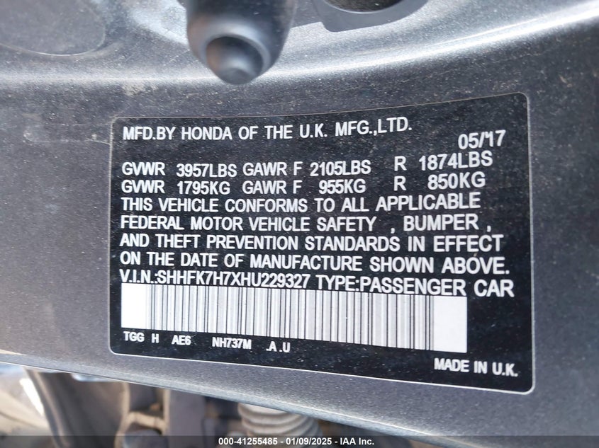 2017 HONDA CIVIC VIN: SHHFK7H7XHU229327