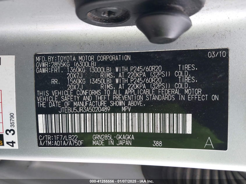 2010 TOYOTA 4RUNNER VIN: JTEBU5JR3A5020489
