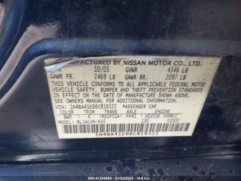 2006 NISSAN MAXIMA VIN: 1N4BA41E66C819325