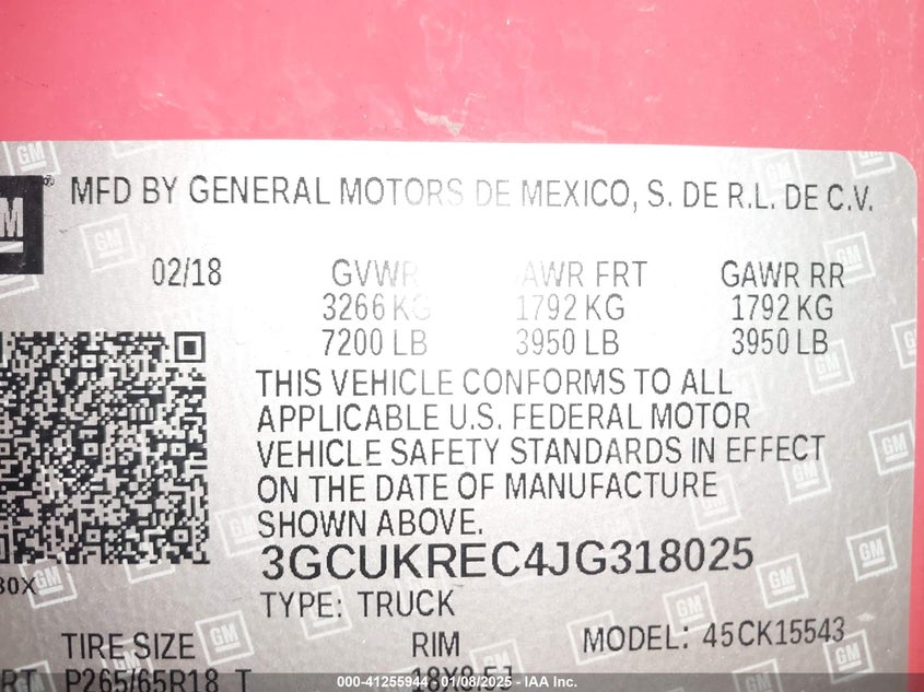 2018 CHEVROLET SILVERADO VIN: 3GCUKREC4JG318025