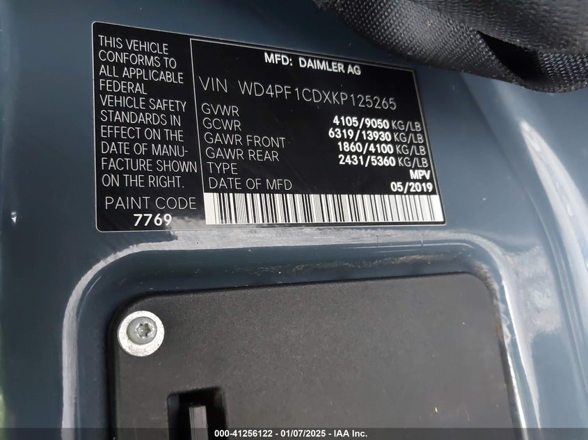 2019 MERCEDES-BENZ SPRINTER 2500 HIGH ROOF V6 - WD4PF1CDXKP125265