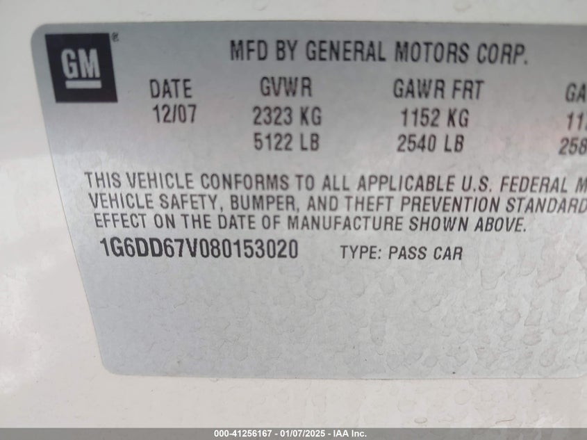 2008 CADILLAC STS VIN: 1G6DD67V080153020