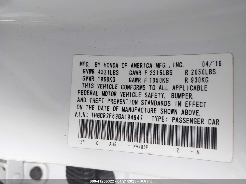 2016 HONDA ACCORD VIN: 1HGCR2F69GA194947