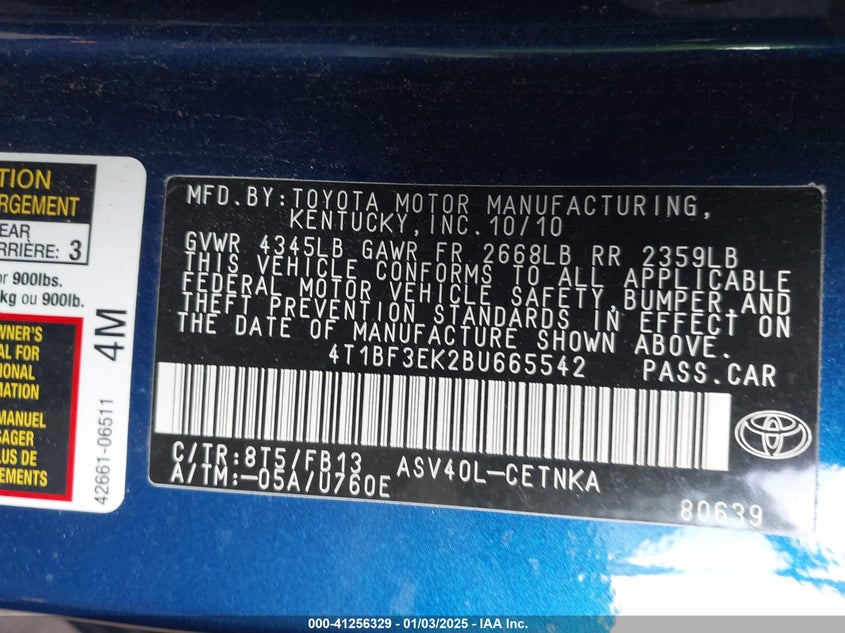 2011 TOYOTA CAMRY VIN: 4T1BF3EK2BU665542