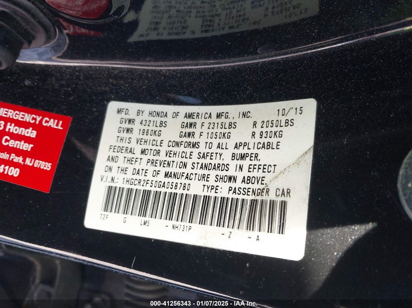 2016 HONDA ACCORD VIN: 1HGCR2F50GA058780